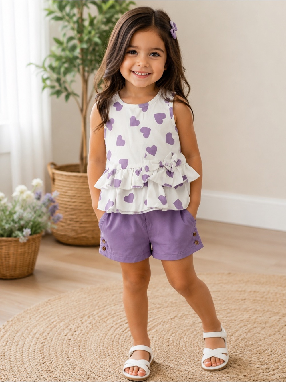 Girls White & Lavender Heart Ruffle Tank Top by